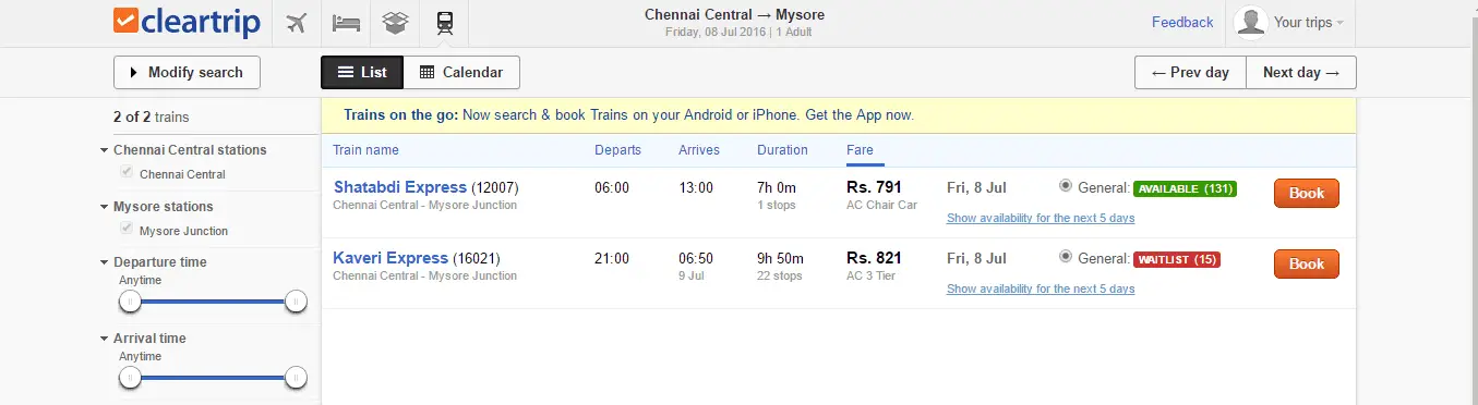 Example of fares on ClearTrip for my route from Chennai to Mysore