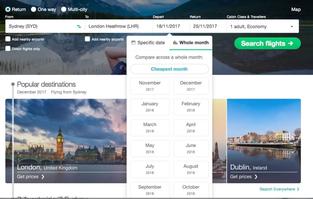 skyscanner cheapest month tool