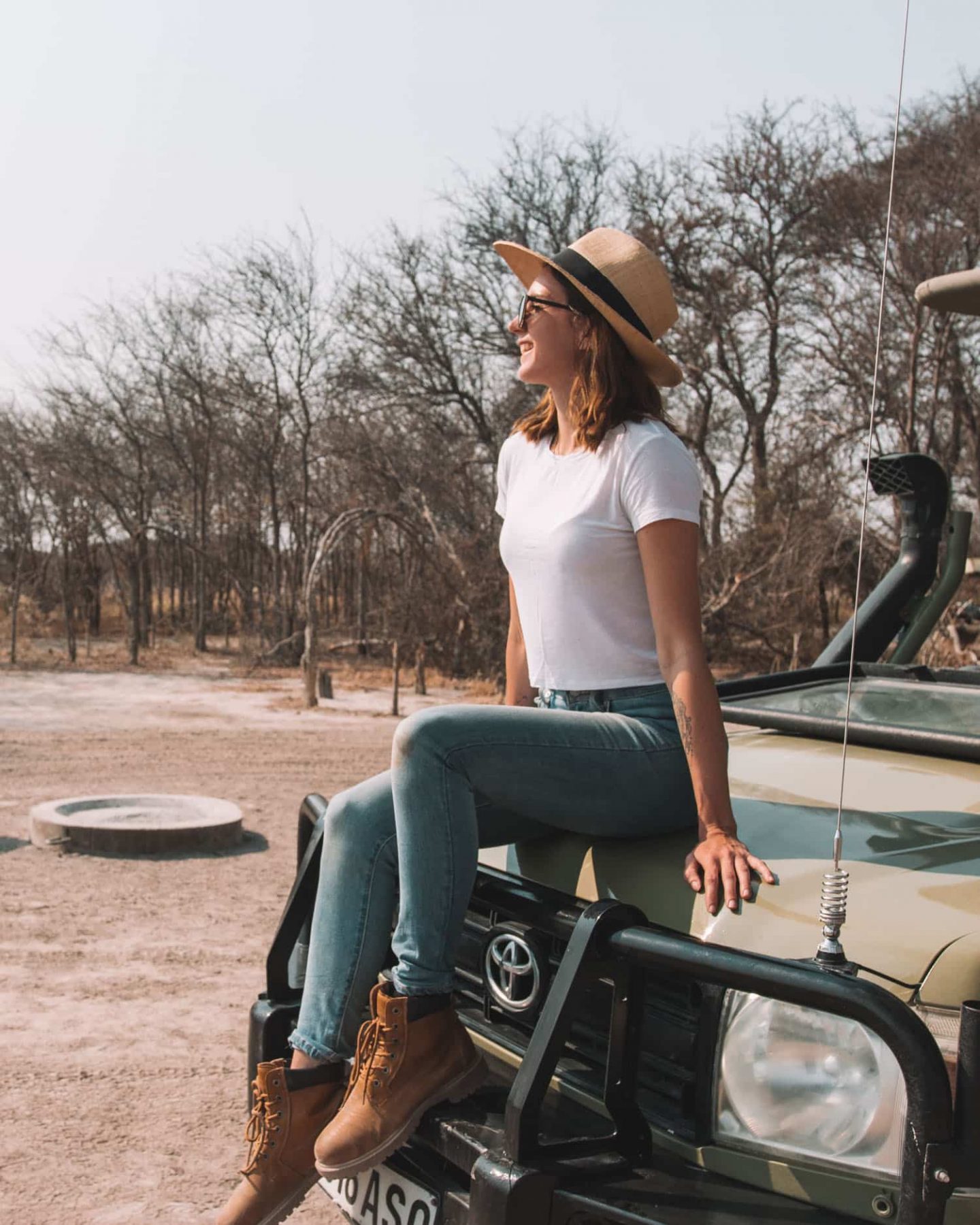 girl on game drive in nxai pan national park