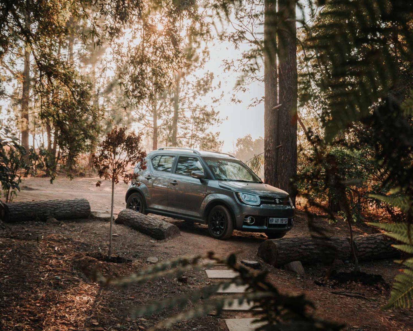 car in woods